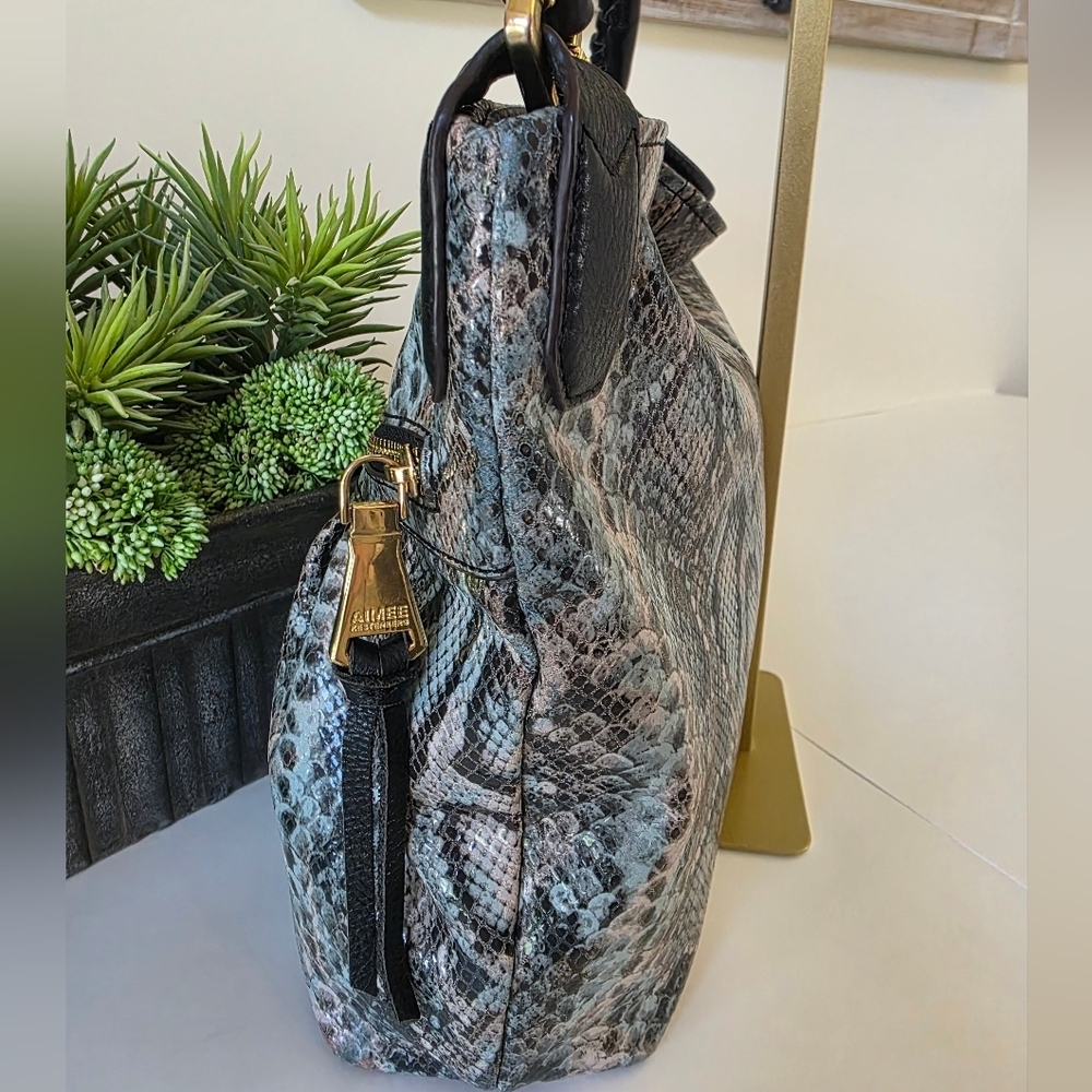 Aimee Kestenberg Snakeskin Embossed Leather Hobo Bag Gray Black Pale Blue - Picture 6 of 16